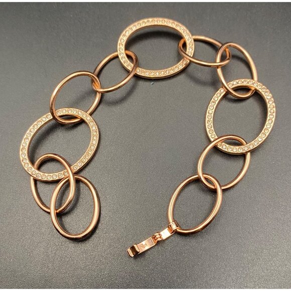 Signed Ralph Lauren Bracelet Rose Gold Tone Rhinestone Link Oval Chain 7.25" - Picture 2 of 6